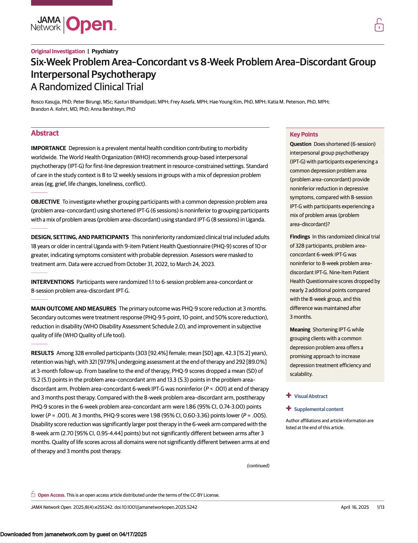 Six-Week Problem Area–Concordant vs 8-Week Problem Area–Discordant GroupInterpersonal Psychotherapy